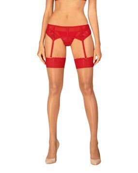 Чулки Obsessive Ingridia stockings XL/2XL, бежевые с красной резинкой SO9042 фото