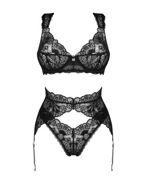 Комплект белья Obsessive Donna Dream 3-pcs set XS/S Black, бюстгальтер, стринги, пояс для чулок SO8636 фото