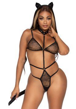 Эротический костюм кошки Leg Avenue Roleplay Sex Kitten One size Black, боди, ушки, чокер SO8601 фото