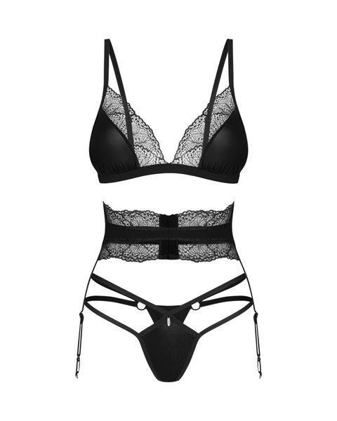 Комплект Obsessive Lobellis 3-pcs set, M/L, черный, лиф с мягкой чашкой, стринги, пояс для чулок SX1018 фото