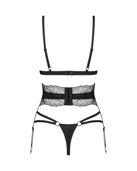Комплект Obsessive Lobellis 3-pcs set, M/L, черный, лиф с мягкой чашкой, стринги, пояс для чулок SX1018 фото