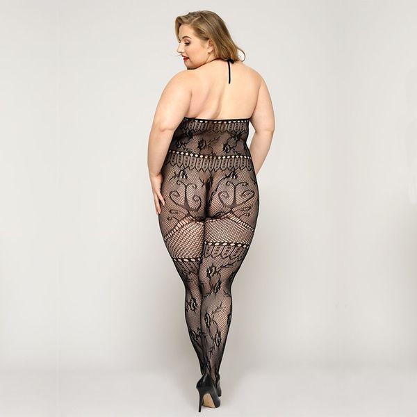 Кружевной бодистокинг JSY &laquo;Горячая Хейли&raquo; Plus Size, Black, халтер, имитация чулков, открытый доступ SO8390 фото