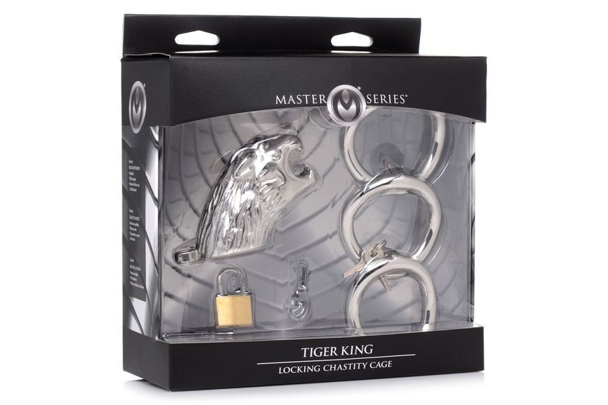 Клетка для пениса Master Series: Tiger King Cock Cage With Lock, три кольца, замок, три ключа SO8795 фото