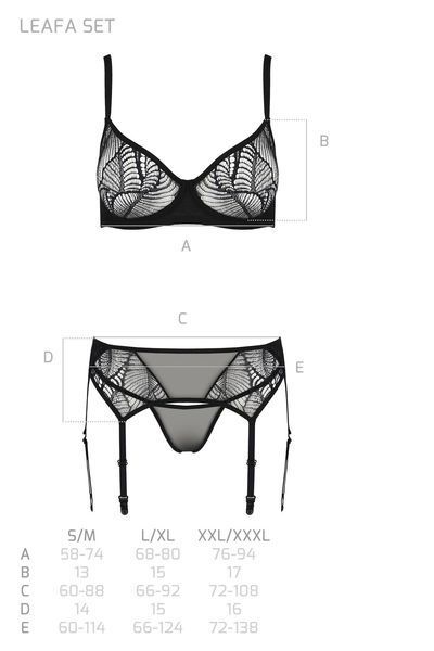Комплект Passion LEAFA SET black S/M, мереживо+сітка, бюстгальтер на кісточках, стрінги, пояс для панчіх SX0510 фото