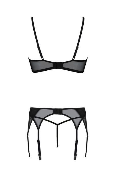 Комплект Passion LEAFA SET black S/M, мереживо+сітка, бюстгальтер на кісточках, стрінги, пояс для панчіх SX0510 фото