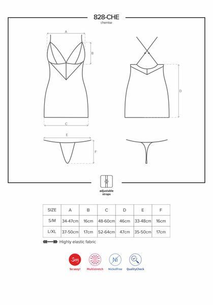 Сатиновый комплект для сна с кружевом Obsessive 828-CHE-1 chemise & thong L/XL, черный, сорочка SO7172 фото