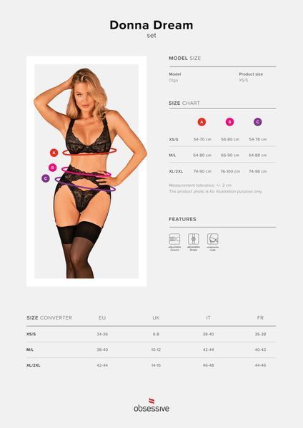 Комплект белья Obsessive Donna Dream 3-pcs set XL/2XL Black, бюстгальтер, стринги, пояс для чулок SO8638 фото