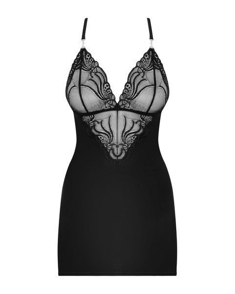 Сатиновый комплект для сна с кружевом Obsessive 828-CHE-1 chemise & thong L/XL, черный, сорочка SO7172 фото
