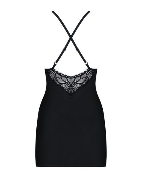 Сатиновый комплект для сна с кружевом Obsessive 828-CHE-1 chemise & thong L/XL, черный, сорочка SO7172 фото