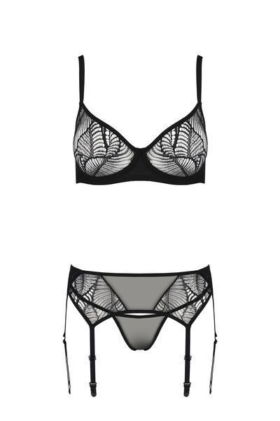 Комплект Passion LEAFA SET black, XXL/XXXL, мереживо+сітка, бюстгальтер на кісточках, стрінги, пояс для панчіх SX0511 фото