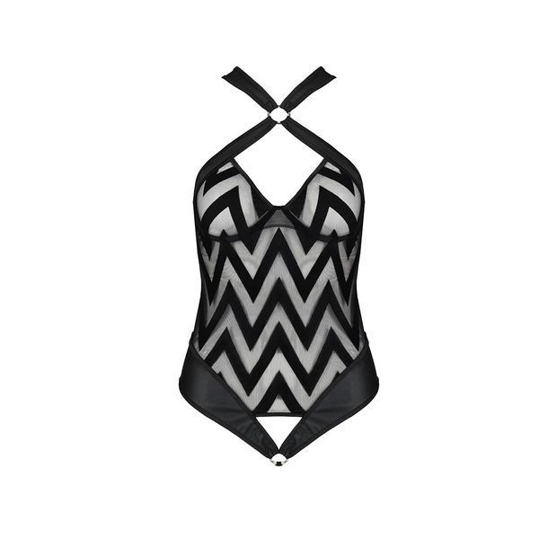 Сетчатый боди с халтером и ритмичным рисунком Passion Hima Body S/M, black SO5347 фото
