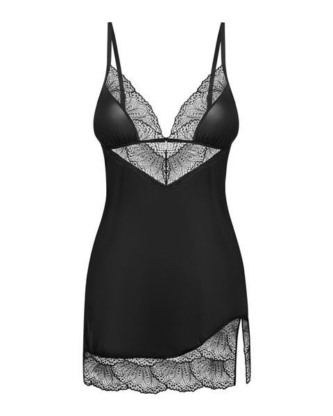 Пеньюар Obsessive Lobellis chemise & thong, M/L, чорний, мереживне оздоблення, стрінги в комплекті SX1021 фото