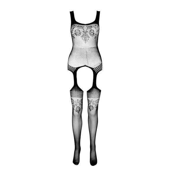 Бодистокинг Passion ECO BS008 black, с доступом, флористический декор, имитация подвязок SO7082 фото