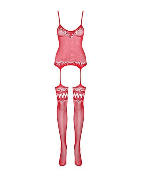 Бодистокинг Obsessive Bodystocking F214 red S/M/L, имитация корсета и чулок на подвязках SO7225 фото