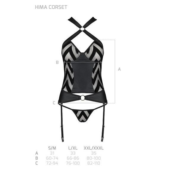 Сітчастий комплект з візерунком Passion HIMA CORSET L/XL black корсет з халтером, підв'язки, трусики SO5349 фото