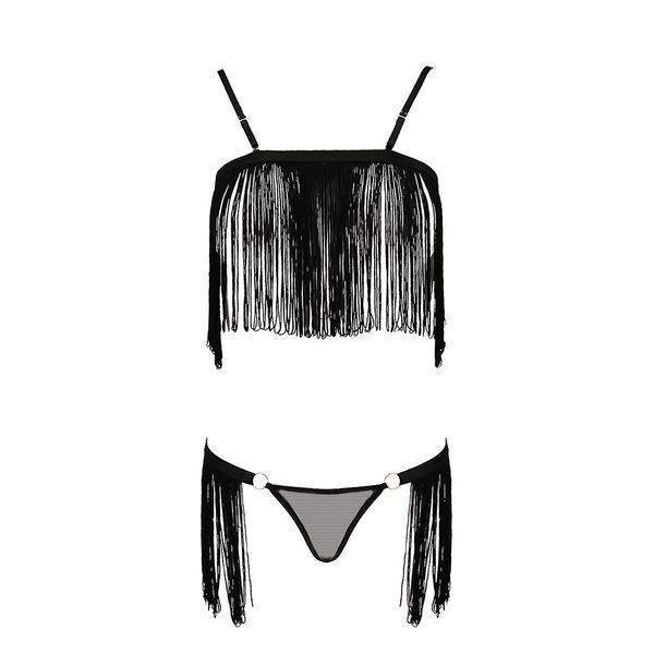 Комплект белья Passion Exclusive KASSANDRA SET OpenBra 2XL/3XL, black, лиф из бахромы, трусики-юбка PS26303 фото