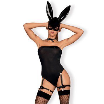 Эротический костюм кролика Obsessive Bunny costume S/M, black, боди, чокер, гартеры, чулки, маска SO7701 фото