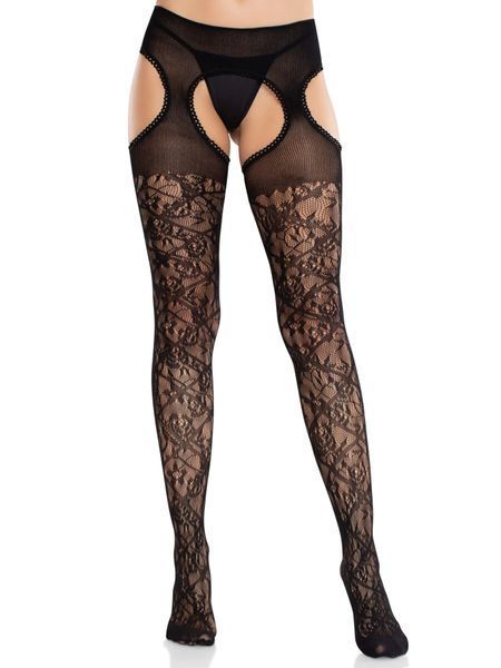 Колготки Leg Avenue Cross Hatch Floral Lace Suspender Hose One Size SX2750 фото