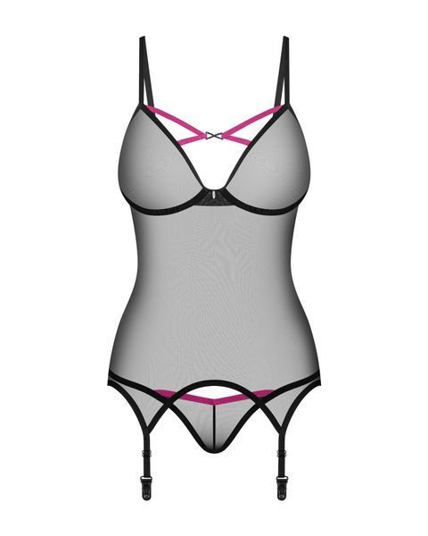 Корсет Obsessive Novenes corset & thong, XL/2XL, прозрачный, открытая спина, стринги в комплекте SX0615 фото