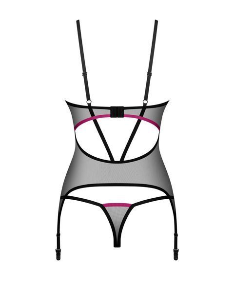 Корсет Obsessive Novenes corset & thong, XL/2XL, прозрачный, открытая спина, стринги в комплекте SX0615 фото