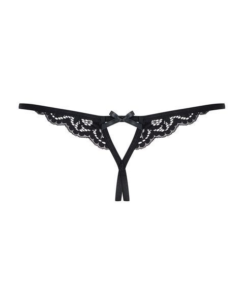 Кружевные танга с двумя отверстиями Obsessive 831-THC-1 crotchless thong L/XL, черные, бантики SO7176 фото