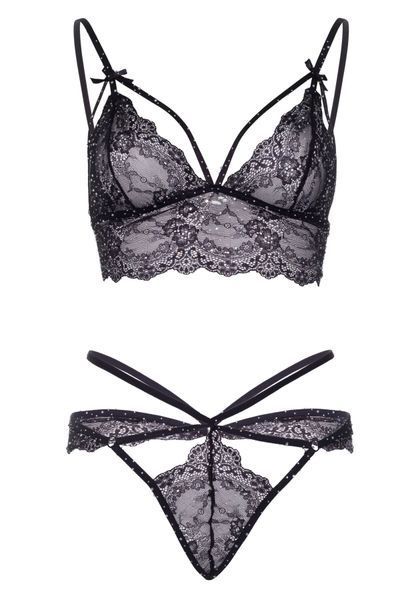 Эротический комплект со стрепами и стразами Leg Avenue Ready Or Not M Black, бра + стринги SO8006 фото