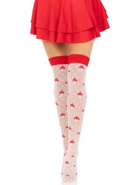 Панчохи Leg Avenue Polka Dot Mushroom Thigh Highs, One Size, біло-червоні, на резинці, малюнок &mdash; гриби SX1044 фото