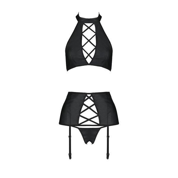 Комплект з еко-шкіри з імітацією шнурівки Passion NANCY SET S/M black топ, трусики, пояс для панчіх SO5374 фото