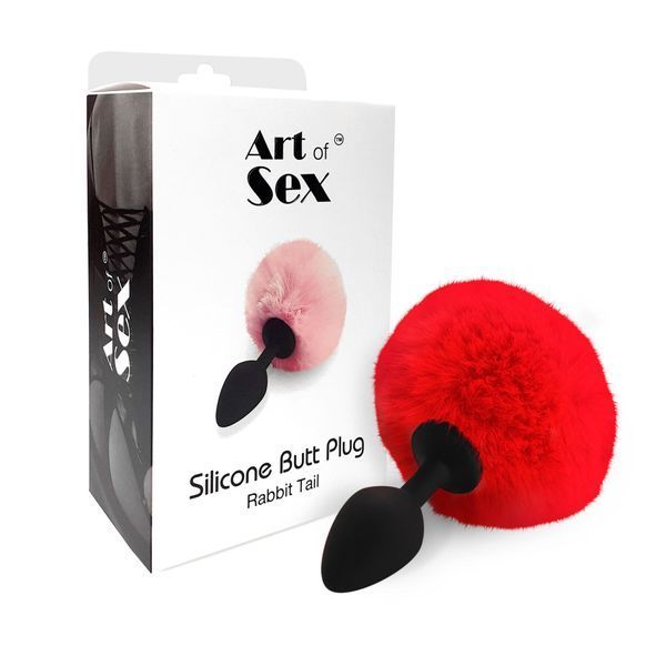 Силиконовая анальная пробка М Art of Sex - Silicone Butt plug Rabbit Tail Red, диаметр 3,5 см SO6964 фото