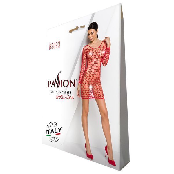 Бодистокинг-платье с глубоким воротом Passion BS093 red, длинные рукава SO6398 фото