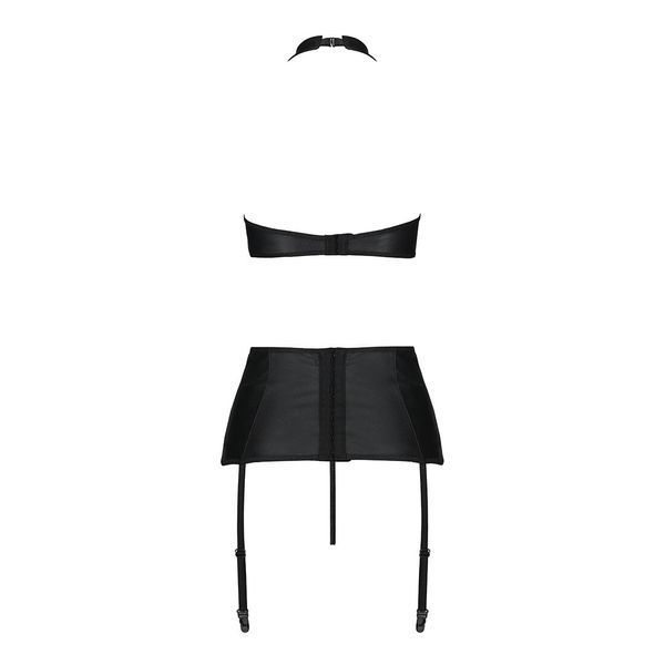 Комплект з еко-шкіри з імітацією шнурівки Passion NANCY SET S/M black топ, трусики, пояс для панчіх SO5374 фото