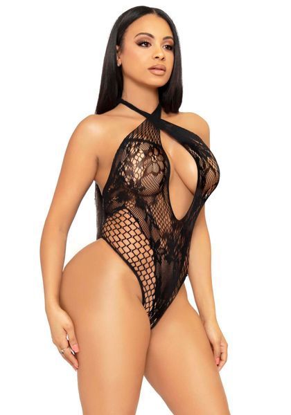 Мереживне тедді Leg Avenue Lace and net halter teddy One size Black, глибокий виріз, халтер SO8557 фото