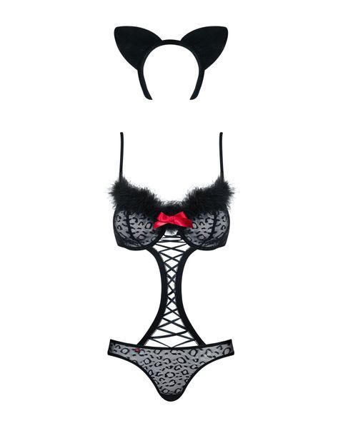 Эротический костюм гепарда Obsessive Gepardina 3 pcs costume L/XL, черный, меховая отделка, монокини SO7277 фото