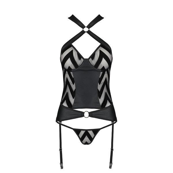 Сетчатый комплект с узором, корсет, подвязки, трусики Passion HIMA CORSET XXL/XXXL, black SO5351 фото