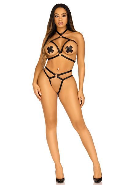 Стрепы-портупея с чокером Leg Avenue Satin elastic harness teddy, One size, Black SO8559 фото