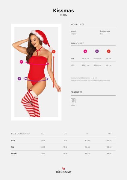 Боди Obsessive Kissmas teddy red L/XL (мятая упаковка!!!) SX1153-R фото
