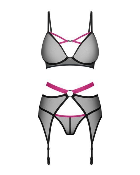 Комплект Obsessive Novenes 3-pcs set, M/L, прозрачный лиф на косточках, стринги, пояс SX0617 фото