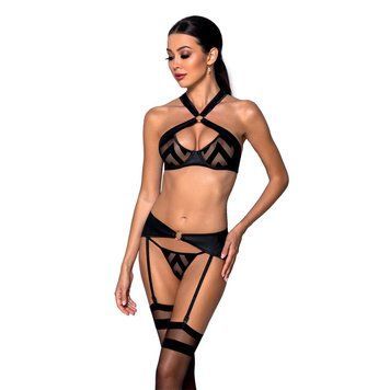 Сетчатый набор с узором, бюстгальтер, трусики, пояс для чулок Passion HIMA SET S/M black SO5353 фото