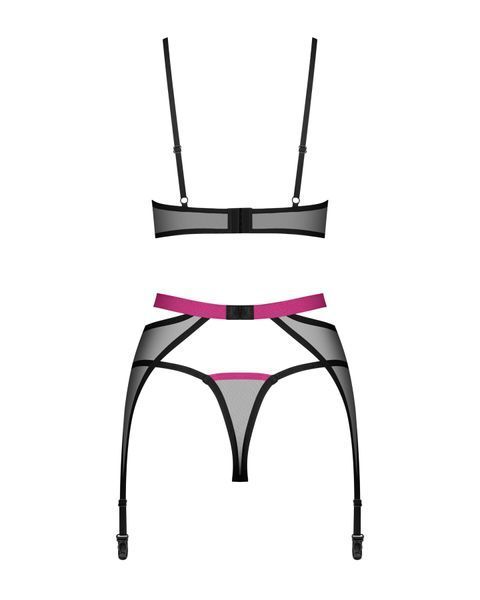 Комплект Obsessive Novenes 3-pcs set, XL/2XL, прозорий ліф на кісточках, стрінги, пояс SX0618 фото