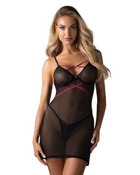 Пеньюар Obsessive Novenes chemise & thong, XS/S, обтислий, прозорий, зі стрепами, стрінги в комплект SX0619 фото
