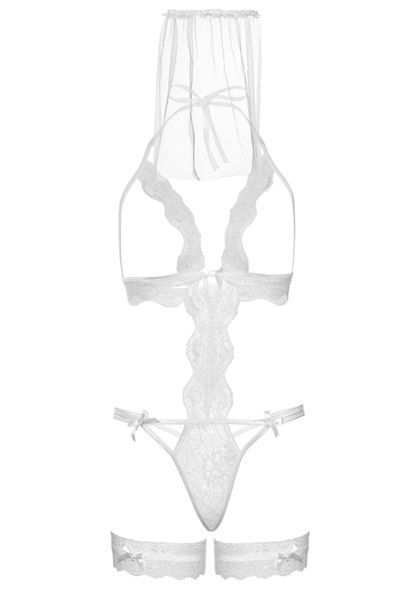 Костюм нареченої Leg Avenue G-string teddy, veil & garter One size White, з відкритими грудьми SO8610 фото