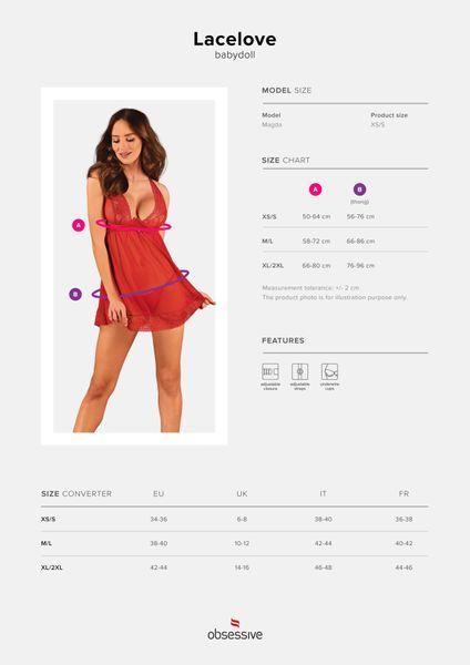 Прозора сорочка бебі-дол Obsessive Lacelove babydoll & thong XS/S Red, мереживо, стрінги SO8646 фото
