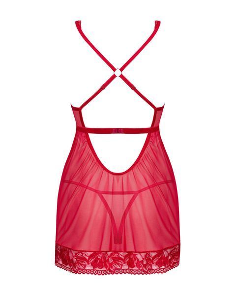 Прозора сорочка бебі-дол Obsessive Lacelove babydoll & thong XS/S Red, мереживо, стрінги SO8646 фото