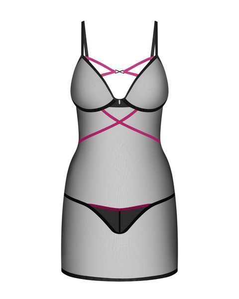 Пеньюар Obsessive Novenes chemise & thong, XS/S, обтислий, прозорий, зі стрепами, стрінги в комплект SX0619 фото