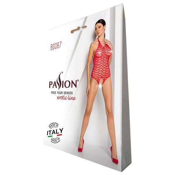 Бодістокінг у велику сітку Passion BS087 red, відкрита спина, халтер, з доступом SO6380 фото
