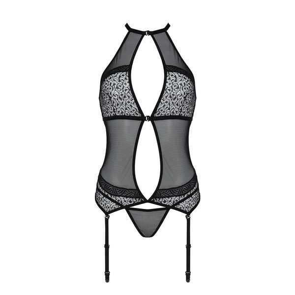 Корсет с пажами Passion SATARA CORSET L/XL black, стринги, кружево, застежки спереди и сзади SO8475 фото
