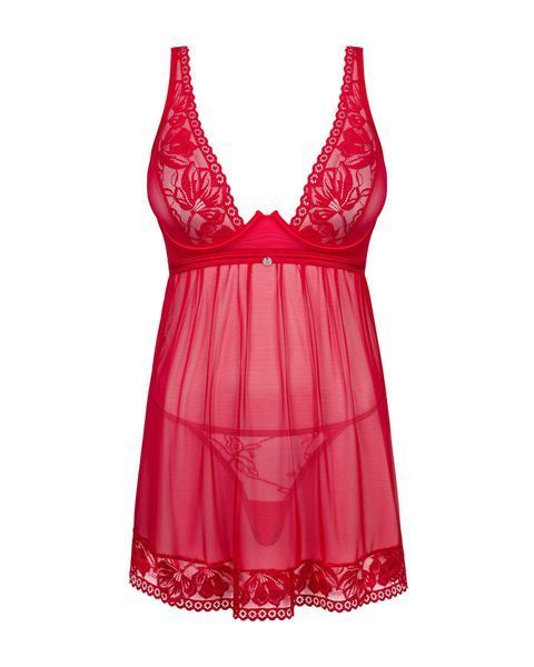 Прозрачная сорочка бэби-долл Obsessive Lacelove babydoll & thong M/L Red, кружево, стринги SO8647 фото