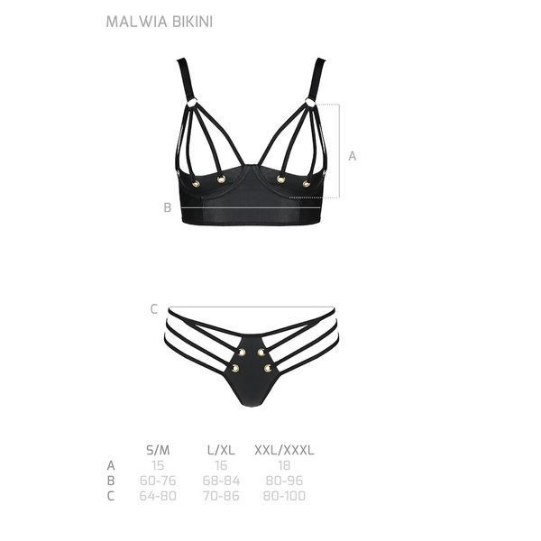 Комплект з екошкіри з люверсами та ремінцями Passion MALWIA BIKINI S/M, black, бра та трусики SO5763 фото