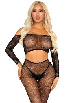 Комплект Leg Avenue Rhinestone Fishnet Crop Top and Legging One Size Black SX2756 фото