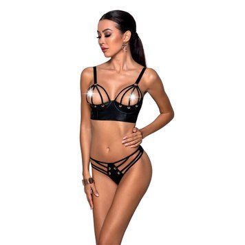 Комплект из эко-кожи с люверсами и ремешками Passion MALWIA BIKINI XXL/XXXL, black, бра и трусики SO5764 фото